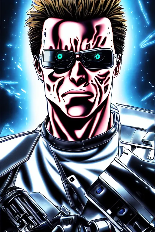 Prompt: photo portrait of the Terminator in the style of the anime JoJo, highly detailed, 8k, ultra-realistic, perfect light