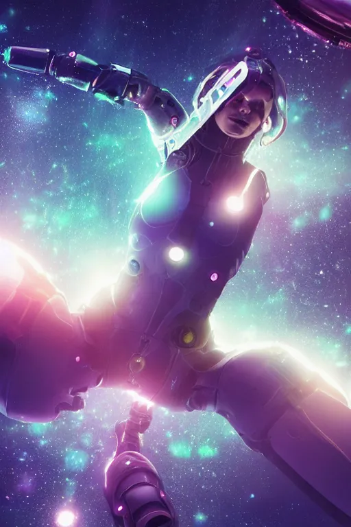 Image similar to woman cyborg floating in space letting go of reality and experiencing the quantum feild, matte painting comic book art, cinematic, highly detailed, realistic, beautiful cosmic neural network, octane render, unreal engine, depth of field, trending on artstation, sharp focus, philosophical splashes of colors