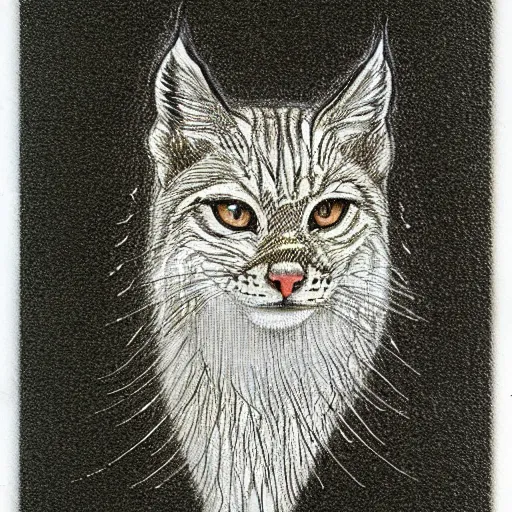 Image similar to sketch of white anthropomorphic lynx cat portrait by Les Edwards and Noriyoshi Ohrai, glowing lines, logo