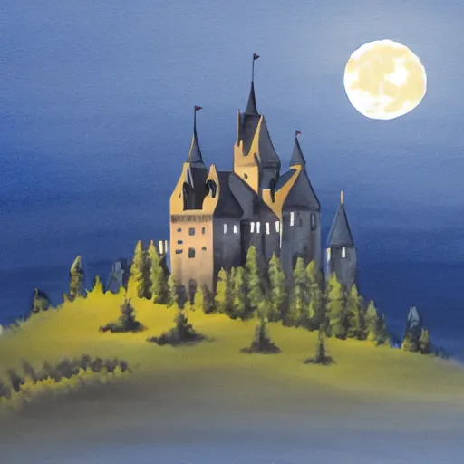 Image similar to highly detailed, silhouette of a castle on misty mountains, beautiful, calm, full moon, gouache painting