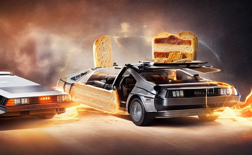Prompt: a time-traveling delorean styled toaster with toast, bread inserted into slot, glowing heating coils, stainless steel, professional product shot, magazine ad