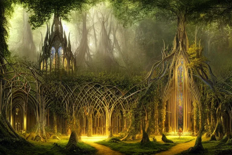 Prompt: a beautiful and highly detailed digital painting of an elven cathedral in a mystical forest, lothlorien, rivendell, mirkwood, celtic designs, intricate details, epic scale, hyperdetailed, hyperrealism,, artstation, cgsociety, 8 k, sharp focus, by caspar friedrich, james gurney, zeen chin, brian froud,