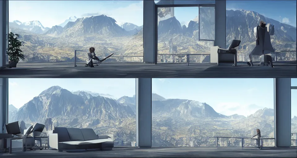 Image similar to looked at big window, architectural, mountains in background, sunny day time, clear sky, futuristic, furnitures, ultra realistic, ultra detailed, cinematic light, anamorphic