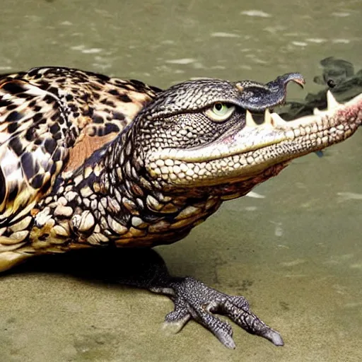 Image similar to hawk and crocodile morphed together, half crocodile, half hawk, real picture taken in zoo