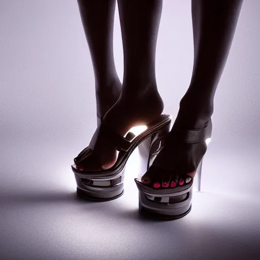 Prompt: woman's feet in black demonia chunky platform sandals, studio light, 8 k