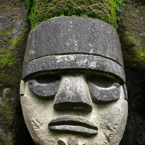 Image similar to intimidating olmec head carved into a mossy stone wall with ornate incan patterns