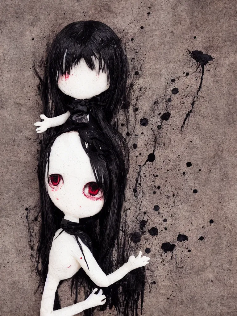 Image similar to cute fumo plush gothic black enigmatic maiden girl painted in spilt ink and washed watercolor, avant garde pop art, vray