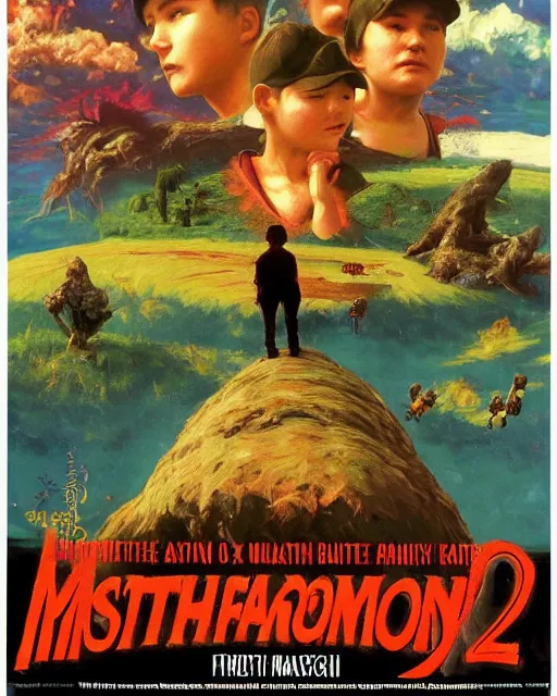 Prompt: Movie poster of Earthbound 2, Highly Detailed, A master piece of storytelling, wide angle, cinematic shot, Battle, highly detailed, cinematic lighting, by frank frazetta + ilya repin , 8k, hd, high resolution print