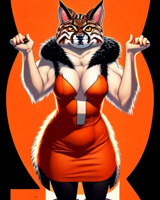 Image similar to artgerm, frank cho comic cover art, bobcat with orange fur, red dress, symmetrical eyes, symmetrical face, white shirt with red exclamation point logo, dark castle background, cinematic lighting