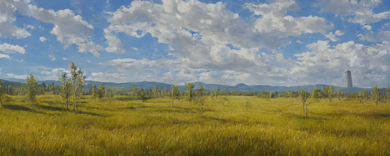 Image similar to open green field dotted with aspen trees, large white tower on the horizon, clear and sunny, oil painting, high detail, post processing, high fantasy, concept art