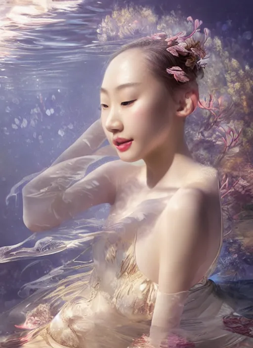 Image similar to stunningly beautiful, asian prima ballerina at the bottom of the great barrier reef, smooth, focus, highly detailed, hyper realistic, dramatic lighting, elegant, intricate, concept art, art by wlop, mars ravelo, greg rutowski