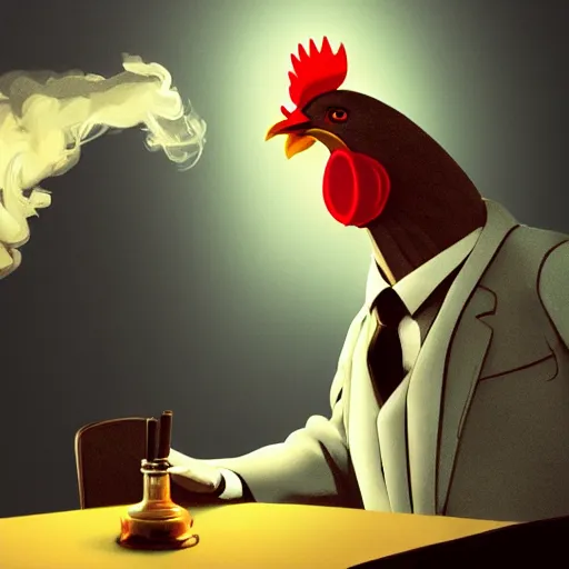 Image similar to a chicken wearing a suit smoking a cigar, dramatic lighting, cinematic, establishing shot, extremly high detail, photorealistic, cinematic lighting, artstation, style by James Gurney