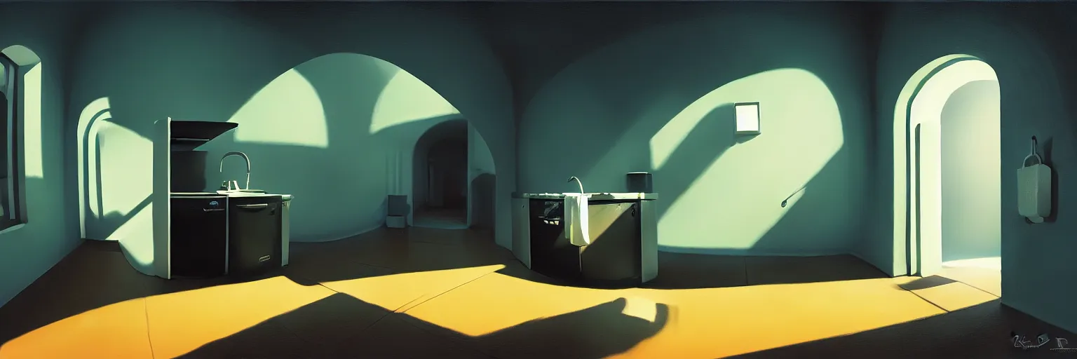 Prompt: volumetric shadows, volumetric lighting, black goya painting, fisheye, curved perspective, naive, extra narrow, by rhads, an underground kitchen with large floor