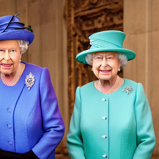 Image similar to A portrait photo of queen elizabeth teams up with a teenage queen elizabeth, perfect faces, 50 mm, award winning photography