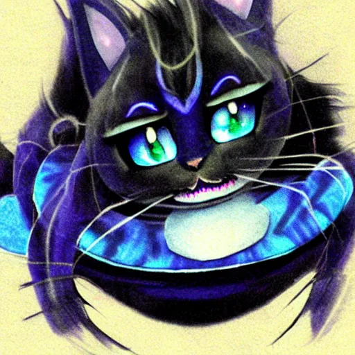 Image similar to a cute bluish black cheshire cat by makoto shinkai