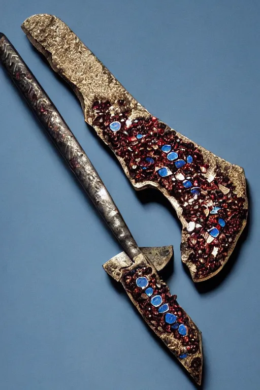 Prompt: a steel axe, of the highest quality. it is encrusted with blue garnet and encircled with bands of gold.