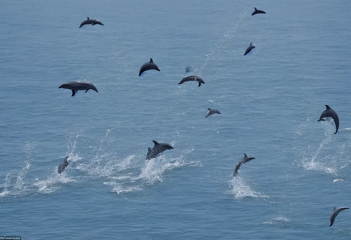 Image similar to dolphins flying through the sky in the gobi desert, stunning photograph