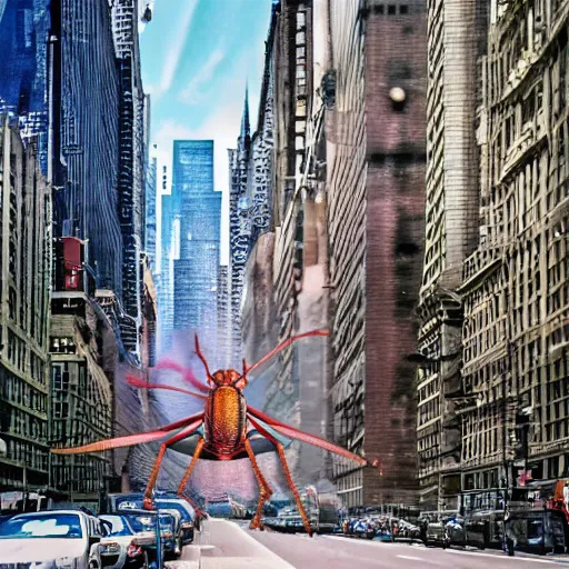 Prompt: a giant grasshopper attacking manhattan, color film, high definition, photorealistic,