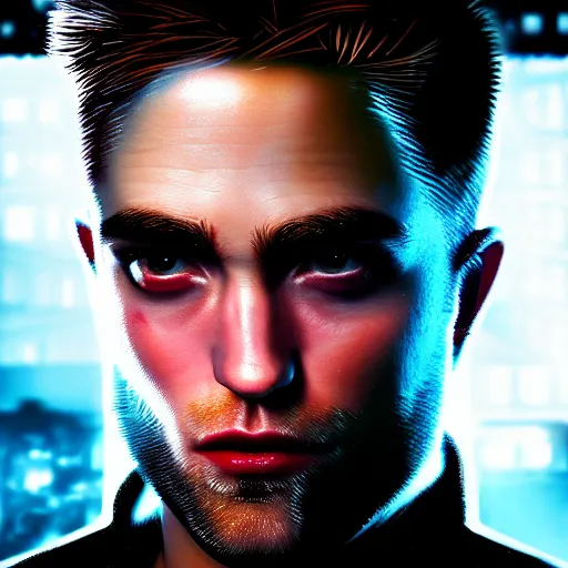 Prompt: robert pattinson portrait, Cyberpunk 2077, cyberpsycho, photorealistic, ultra detailed, neon, octane, bokeh, cyber, feature, scars, cyberface, 8k