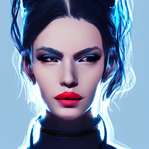 Image similar to headshot artwork of cyberpunk woman wearing thick black choker, collar on neck, realistic, artstation, neon,