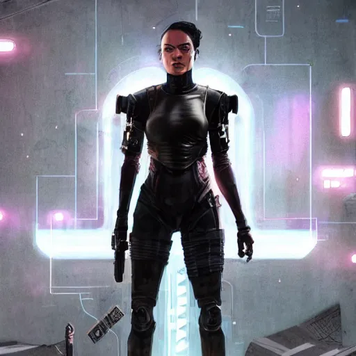 Prompt: tessa thompson full body portrait, dystopia core, gothic armor, warrior, dramatic, sharp focus, cyberpunk, neon, fantasy, hyper detailed, digital art, trending in artstation, cinematic lighting, studio quality, smooth render, unreal engine 5 rendered, octane rendered, art style and nixeu and wlop and krenz cushart