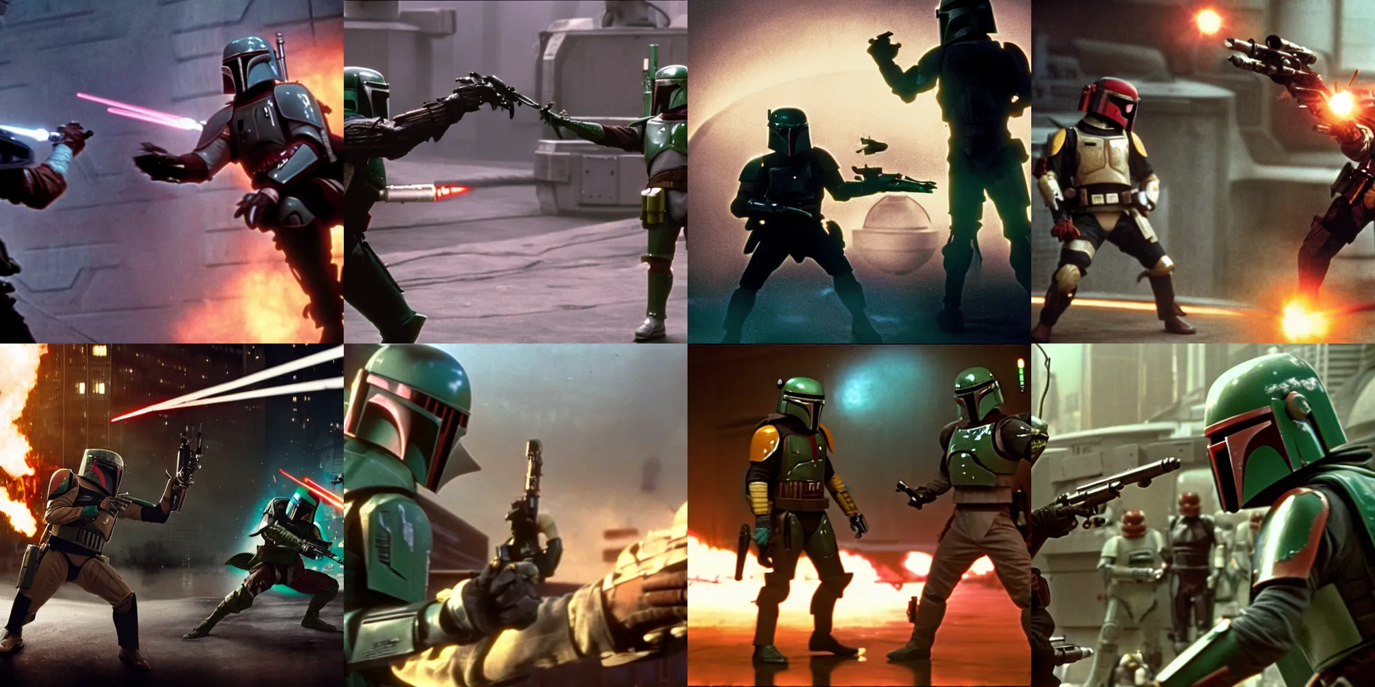 Prompt: Boba Fett dueling Bossk on coruscant, movie still, cinematic, blasters, distance shot