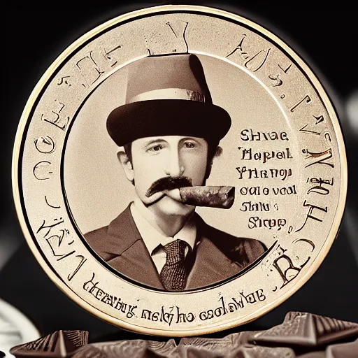 Prompt: A photograph of an unwrapped chocolate coin that is engraved with a portrait of a young leon redbone smoking a cigar and wearing a sea captain's hat, highly detailed, close-up product photo, depth of field, sharp focus, appetizing, soft lighting