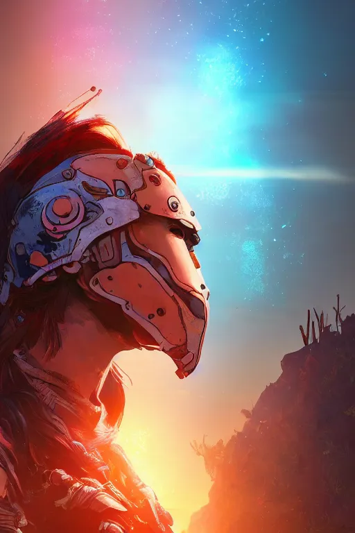 Image similar to combination suit armor aloy horizon forbidden west horizon zero dawn radiating a glowing aura global illumination ray tracing hdr fanart arstation by ian pesty and alena aenami artworks in 4 k tribal robot ninja mask helmet backpack