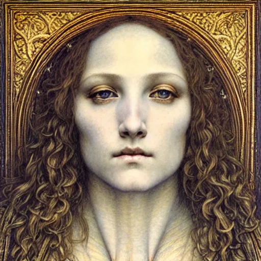 Image similar to detailed realistic beautiful young medieval queen face portrait by jean delville, gustave dore and marco mazzoni, art nouveau, symbolist, visionary, gothic, pre - raphaelite. horizontal symmetry