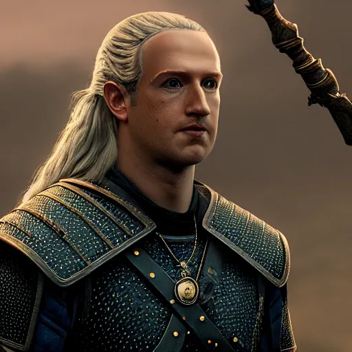 Image similar to Mark Zuckerberg as The Witcher, 4K, epic, cinematic, focus, movie still, fantasy, serious, extreme detail, atmospheric, dark colour