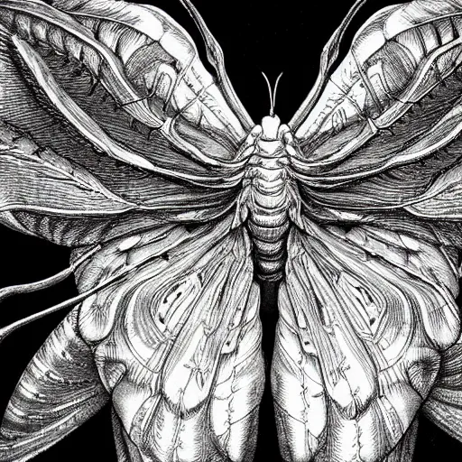 Prompt: giant moth. detailed. extremely high detail, photo realistic, cinematic lighting, pen and ink, intricate line drawings, by yoshitaka amano, ruan jia, kentaro miura, junji ito