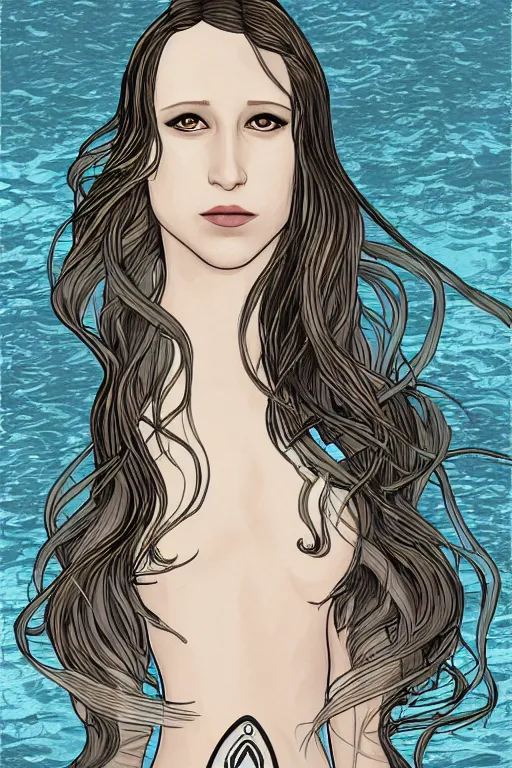 Image similar to mermaid taissa farmiga, in style blend of Botticelli and Æon Flux, amazing detail, stunning lines, flat colors, 4K, digital illustration, character concept