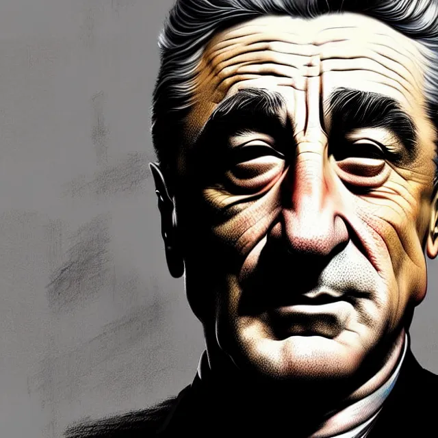 Prompt: epic professional digital art of Robert DeNiro, best on artstation, cgsociety, wlop, Behance, pixiv, astonishing, impressive, outstanding, epic, cinematic, stunning, gorgeous, much detail, much wow, masterpiece.