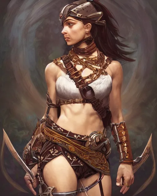 Prompt: character portrait of a beautiful warrior woman wearing bandos chestplate and tassets from runescape, intricate, wild, highly detailed, digital painting, artstation, upper body, concept art, smooth, sharp focus, illustration, art by artgerm and greg rutkowski and alphonse mucha