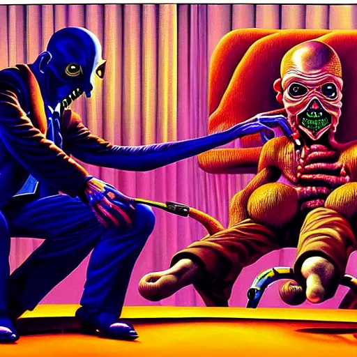 Prompt: a hyperrealistic painting of the shadow elite controlling society behind the scenes cinematic horror by the art of skinner, chris cunningham, lisa frank, richard corben, highly detailed, vivid color,