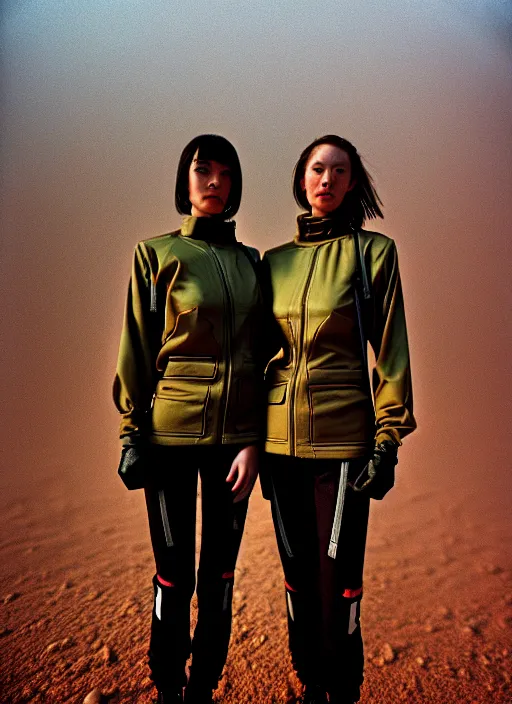 Image similar to cinestill 5 0 d photographic portrait of two loving clones, techwear women on a desolate plain, a brutalist dark metal facility in the background, dust storm, depth of field, 4 k, 8 k, hd, full color