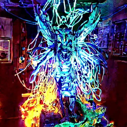 Prompt: 10,100 wemon worshipping the cybercore dragon angel pimp covered in wires damnatione emerging from cybercore damnation hell portal in the middle of my digusting dirty room, holy ceremony, heavens gate, low quality photo, flikr