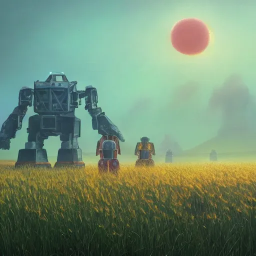 Image similar to giant mech stands over hay field by simon stalenhag, atmospheric haze, children below look up, misty evening, sci fi digital painting, unreal engine 5, photorealism, hd quality, 8 k resolution, cinema 4 d, 3 d, cinematic, professional photography, art by artgerm and greg rutkowski and alphonse mucha and loish and wlop