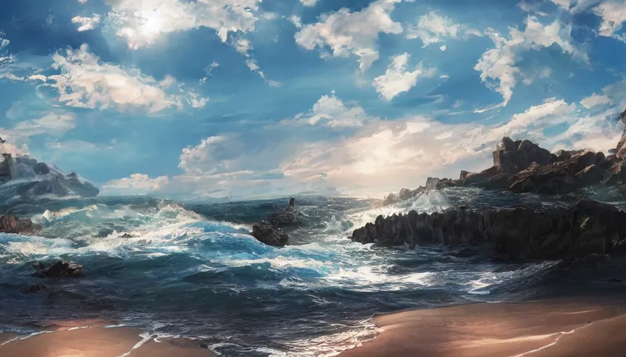 Prompt: beautiful crystal water sea with big waves, big sandy beach in the foreground, sun in the sky, hyperdetailed, artstation, cgsocitety, 8 k