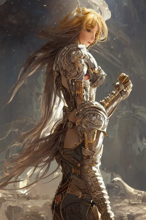 Image similar to portrait knights of Zodiac girl, silver and ice color reflected armor, in ruined Agora of Athens, ssci-fi, fantasy, intricate, very very beautiful, elegant, golden light, highly detailed, digital painting, artstation, concept art, smooth, sharp focus, illustration, art by WLOP and tian zi and alphonse mucha