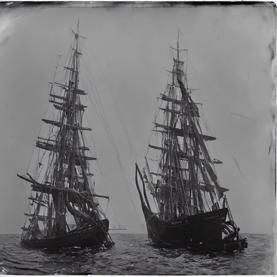 Image similar to the bluenose schooner is being attacked by a giant squid. wet plate photography