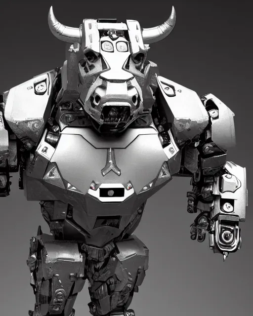 Prompt: a full body shot of an imposing cyborg ( bull ) modeled after a bull with glowing eyes with glowing eyes looking into the camera, android, cyborg, glowing eyes, full body shot, intricate, 3 d, hyper realism, symmetrical, octane render, strong bokeh, fantasy, highly detailed, depth of field, digital art, artstation, concept art, cinematic lighting, trending