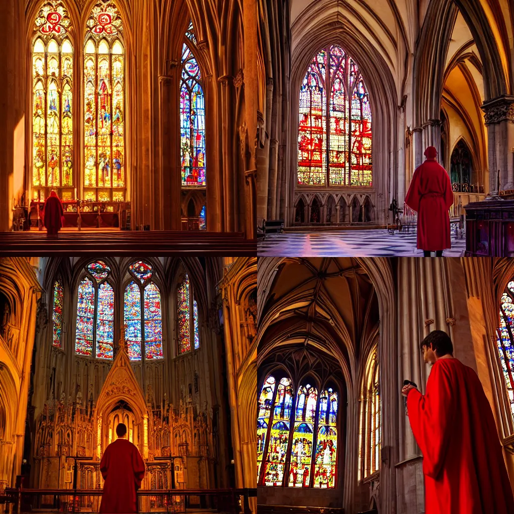 Prompt: highly detailed cathedral interior with soft lighting and a human figure in a red robe, painting, sun rays, epic, evocative, mysterious, golden hour, stained windows