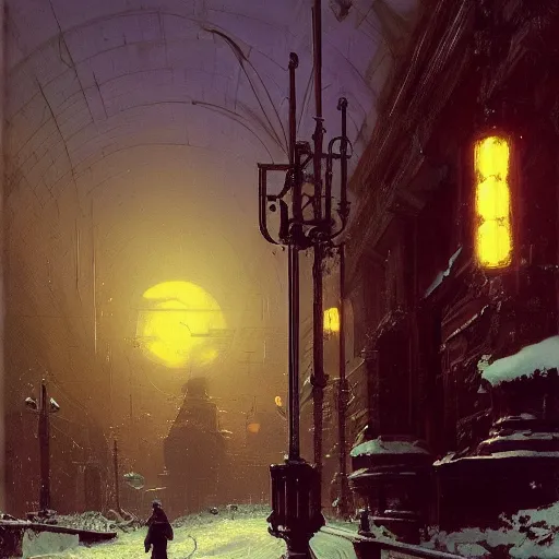 Image similar to painting of syd mead artlilery scifi organic electric pole with ornate metal work lands on a snowy path with a large mirror in its path, volumetric lights, purple sun, andreas achenbach