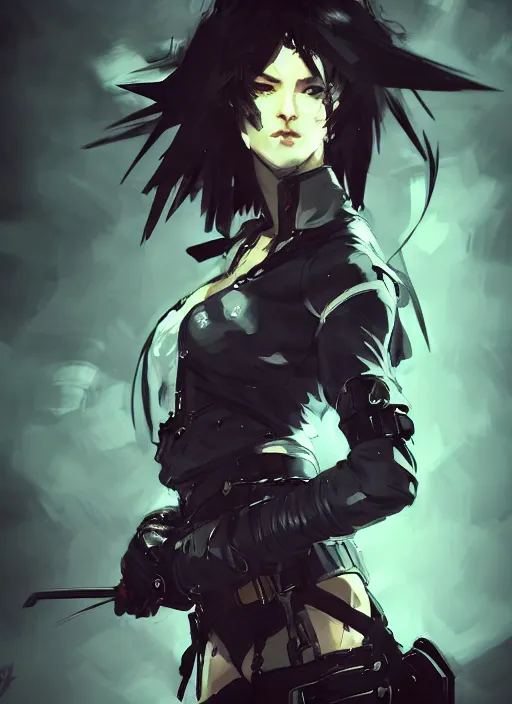 Prompt: Half body portrait of young woman with short hair and pirate attire. In style of Yoji Shinkawa and Hyung-tae Kim, trending on ArtStation, dark fantasy, great composition, concept art, highly detailed, dynamic pose.