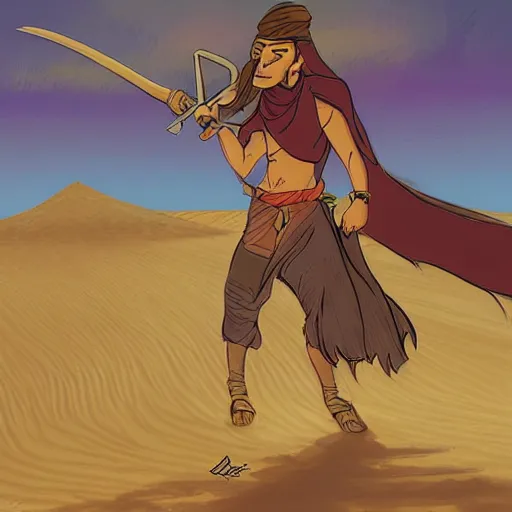 Prompt: bedouin warrior. cursed, wandering the sand dunes in search of oasis. high quality, cartoon, digital painting, by don bluth and ross tran