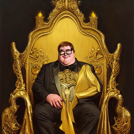 Image similar to perfectly centered portrait of peter griffin in gold gothic robe sitting on a throne of black bones, highly detailed painting by gaston bussiere, craig mullins, j. c. leyendecker, 8 k, mid shot