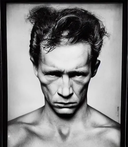 Image similar to a high quality, high detail, portrait of an attractive criminal by richard avedon, intense look in the eyes, moody, nostalgic