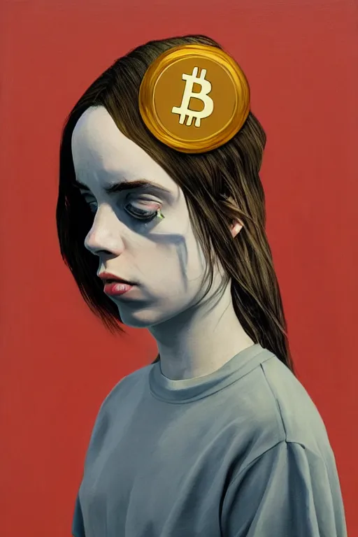 Image similar to Billie Eilish wearing oculus and bitcoin over his head Edward Hopper and James Gilleard, Zdzislaw Beksisnski, highly detailed
