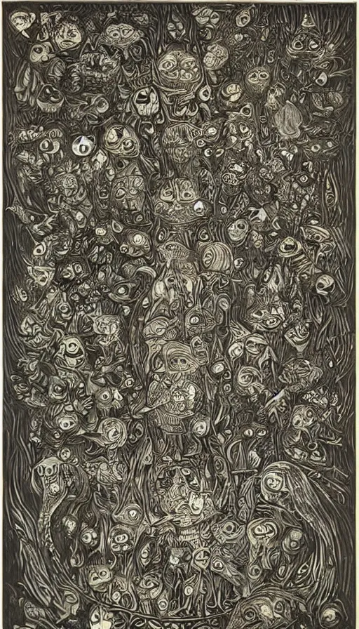 Image similar to The end of an organism, by Louis Wain engraved on a wooden board, collored